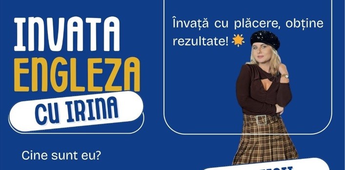Irina and the heading of her original English lesson poster in Romanian